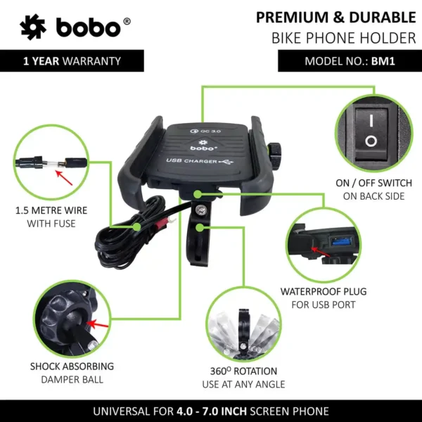 BOBO BM1 JAW-GRIP BIKE PHONE HOLDER (WITH FAST USB 3.0 CHARGER)