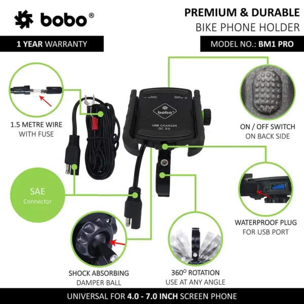 BOBO BM1 PRO JAW-GRIP BIKE PHONE HOLDER (WITH FAST USB 3.0 CHARGER)